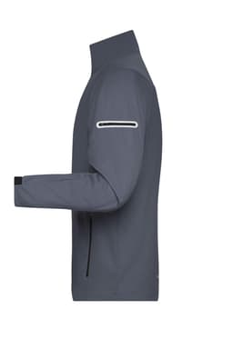 A men's sports softshell jacket in grey, featuring a high collar and zippered pockets, with a logo on the sleeve.