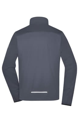 A men's sports softshell jacket in grey with a high collar and a back reflective detail. Features a logo.