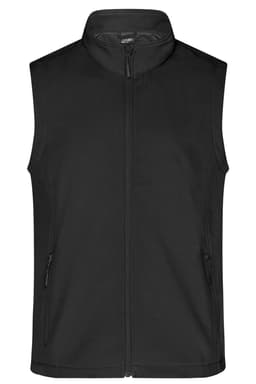 A black softshell vest featuring a zip closure and side pockets, with a logo on the chest area.