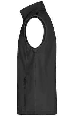A black men's softshell vest with a high collar and a side zip pocket, featuring branding.