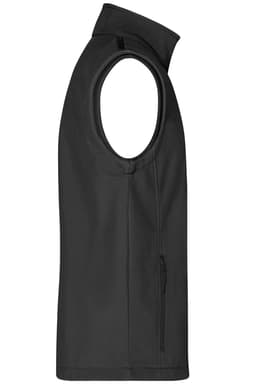 A black men's softshell vest featuring a high collar and a side zip pocket. It has a logo on the fabric.