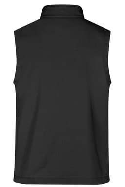 A black men's softshell vest featuring a collar and a plain design with a logo on the back.