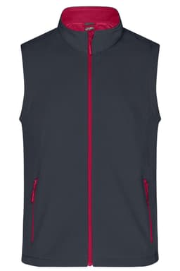 A softshell vest in navy blue with a pink interior and zippered front pockets. Features a logo on the chest.