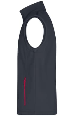 A softshell vest in dark grey with a red zipper, featuring no sleeves and a side pocket.