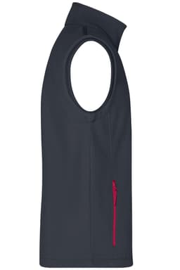 A men's softshell vest in dark grey with a red zip pocket, featuring an open arm design and high collar.