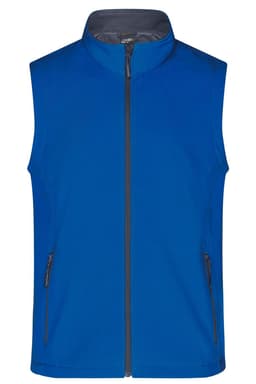 A blue softshell vest featuring a zip front and side pockets, with a branding logo on the chest.
