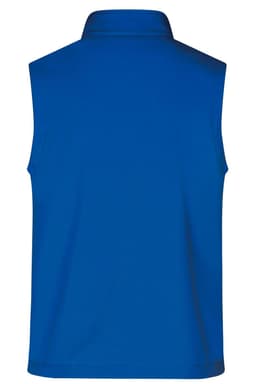 A blue men's softshell vest with a collar and no sleeves, featuring a logo on the back.