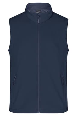 A navy softshell vest featuring a zip front and two side pockets, with a logo on the chest.