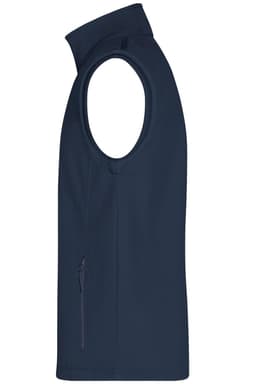 A navy blue softshell vest with a high collar and side zip pocket, featuring a logo.
