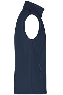 A navy blue softshell vest with a high collar and a side zippered pocket, featuring a logo.