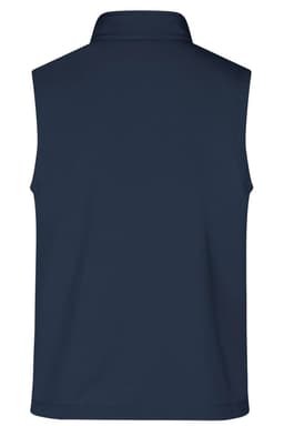 A navy men's softshell vest with a high collar, featuring a logo on the back.