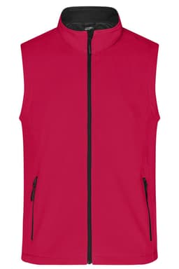 A red softshell vest with a high collar and zippered pockets, featuring a logo on the chest.
