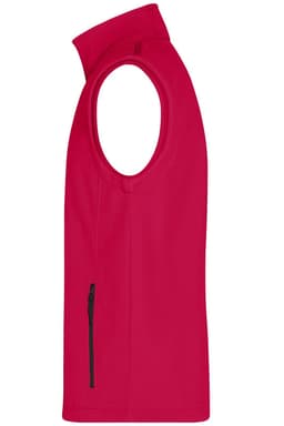 A red men's softshell vest featuring a zip pocket and a high collar design. It has a sleek, sleeveless style.