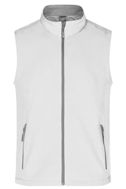 A softshell vest in white with a grey zipper and side pockets, featuring a logo on the front.