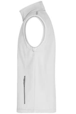 A white men's softshell vest featuring a zippered pocket and a high collar, with a branding logo on it.