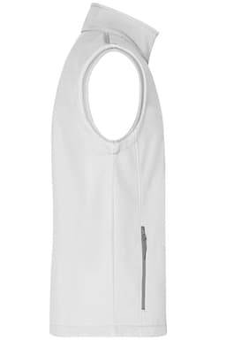 A white men's softshell vest featuring a zippered pocket and a high collar. It has a branding logo.