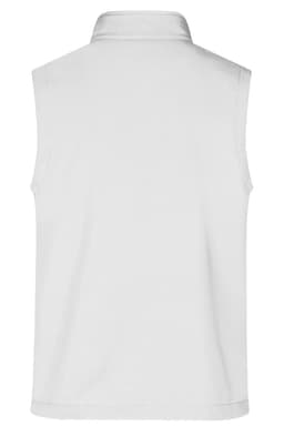 A white softshell vest with a collar and no sleeves, featuring a logo on the back.