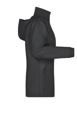 A black ladies' rain jacket featuring a hood and side pockets, with a logo on the front.