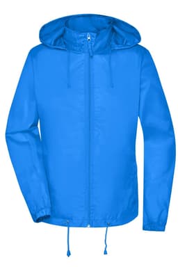 A bright blue rain jacket with a hood, featuring a zip front and adjustable drawstrings. It has branding on it.