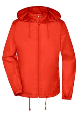 A red rain jacket with a hood, featuring a zip front and drawstrings at the hem and cuffs. It has a logo.