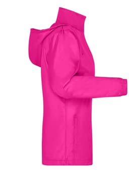 A bright pink ladies rain jacket with a hood, showcasing a side view and featuring a logo.