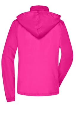 A pink ladies rain jacket with a hood, featuring a plain design and a logo on the back.