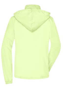 A ladies' rain jacket in light yellow, featuring a hood and a logo on the back.