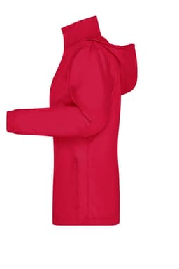 A red ladies rain jacket with a hood and zippered side pockets, featuring a logo on the front.