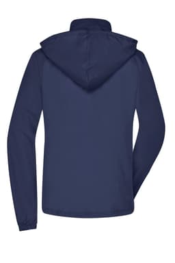 A navy rain jacket with a hood and a logo on the back. Simple and lightweight design.