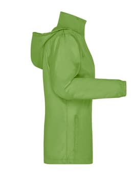 A green ladies rain jacket with a hood and side pockets, featuring a logo on the left side.