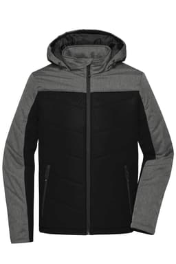 A men's winter puffer jacket featuring a black and grey design with a hood and zippered pockets. It has a logo.