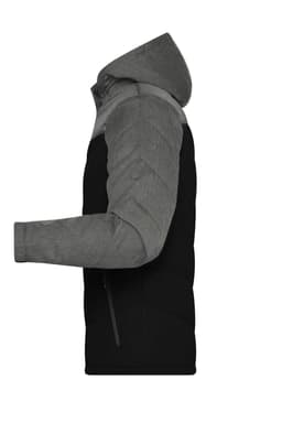 A men's winter jacket featuring a grey hood and sleeves, with a black body and a logo on the chest.