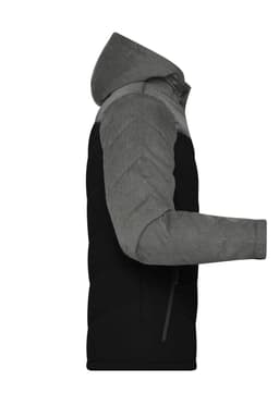 A men's puffer jacket featuring a grey hood and sleeves with a black body, designed for winter wear.
