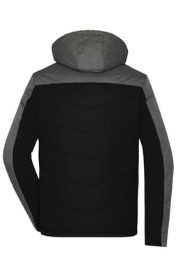 A men's puffer jacket in black with grey accents and a hood, featuring a quilted design on the back.