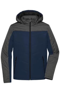 A navy and grey puffer jacket with a hood, featuring zippered pockets and a branded logo.