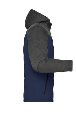 A men's winter puffer jacket featuring a navy blue body and grey sleeves with a hood. It has a logo on the front.