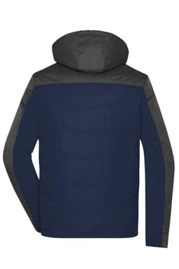 A men's winter puffer jacket featuring a navy blue body and grey shoulder detailing with a hood. It has a logo on the back.