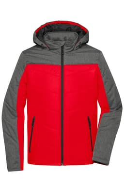 A puffer jacket featuring a red body with grey sleeves and a hood, complete with a zipped front and side pockets.
