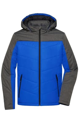 A puffer jacket featuring a blue body and grey sleeves, with a hood and zippered pockets. It has a logo on the chest.