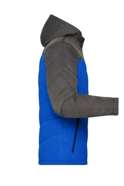 A men's puffer jacket featuring a blue body and grey sleeves, with a hood and zip closure. It has a branding logo.