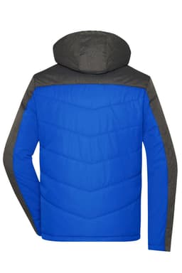 A men's winter jacket featuring a bright blue body and grey accents, with a hood and a logo.