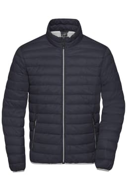 A dark navy puffer jacket with a high collar and zip closure, featuring side pockets and a smooth finish.