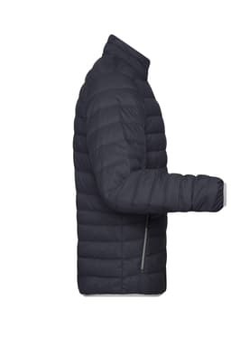 A men's puffer jacket in dark grey, featuring a zippered pocket and a sleek silhouette.