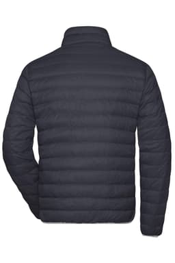 A men's down jacket in a dark colour, featuring a puffer design and a high collar. It has a logo on the back.