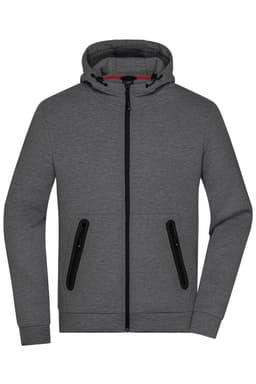 A grey men's hooded jacket with a zip front and black zippered pockets, featuring a red lining inside the hood.