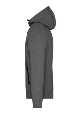 A grey men's hooded jacket with a zipper and side pockets, featuring a logo on the surface.
