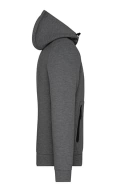 A men's hooded jacket in grey with a zipper and a side pocket. The design features a modern fit.