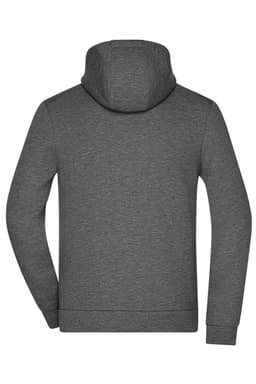 A grey hooded jacket with a solid back and a hood. Features long sleeves and a sleek design.