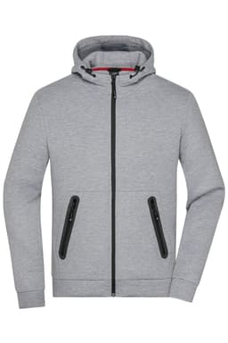 A grey men's hooded jacket with a full zip and two front zip pockets, featuring a logo.