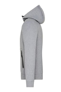 A grey men's hooded jacket with a front zip pocket and a simple design, featuring a logo on the side.